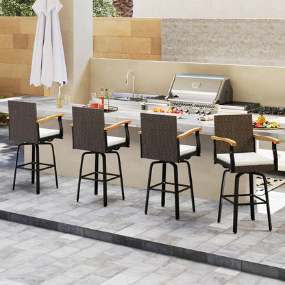 Set of 2 Outdoor 360° Swivel Bar Stool with Cushion and Acacia Wood Armrests