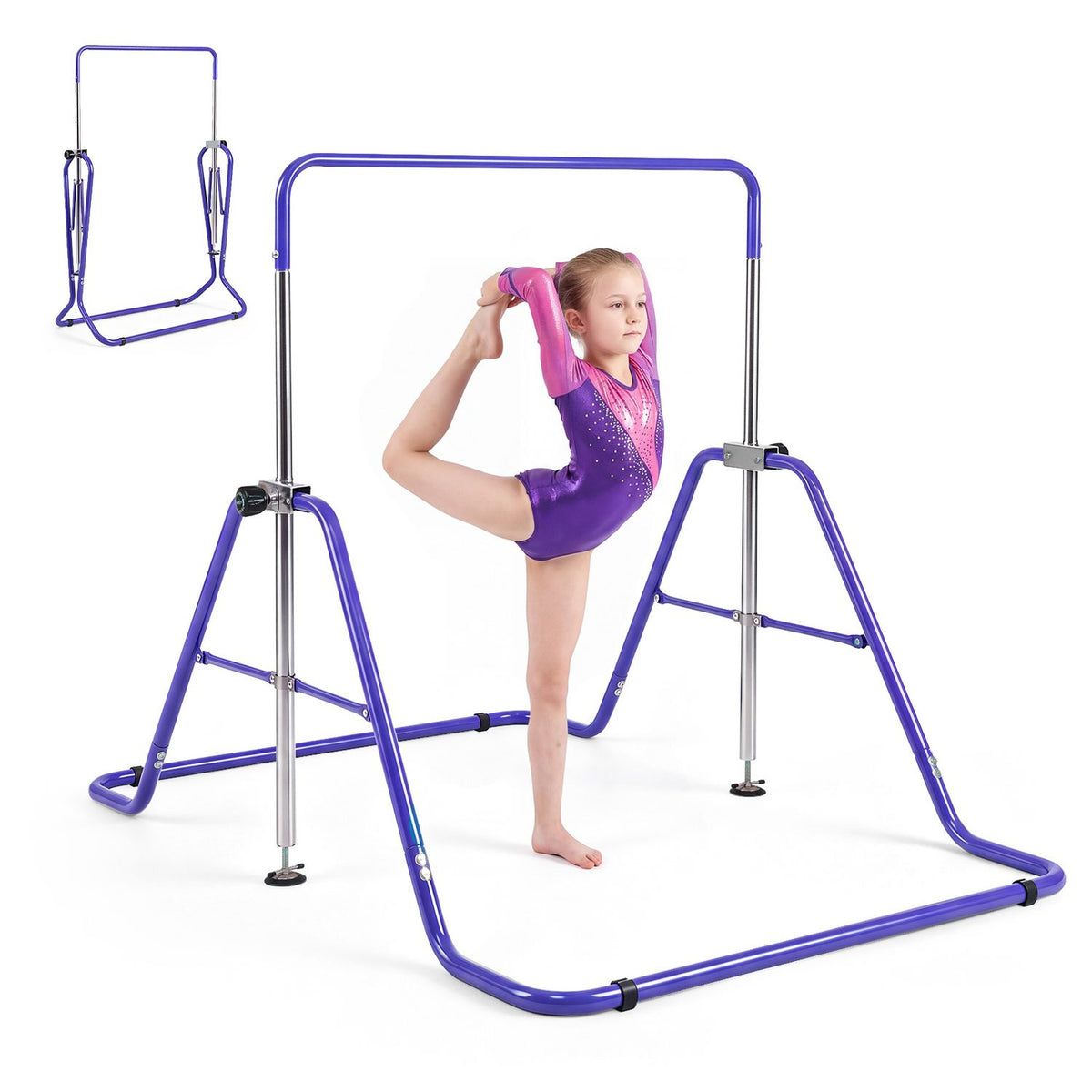 143 lbs Capacity Foldable and Adjustable Kids Gymnastics Bar with 5 Height Levels-Purple