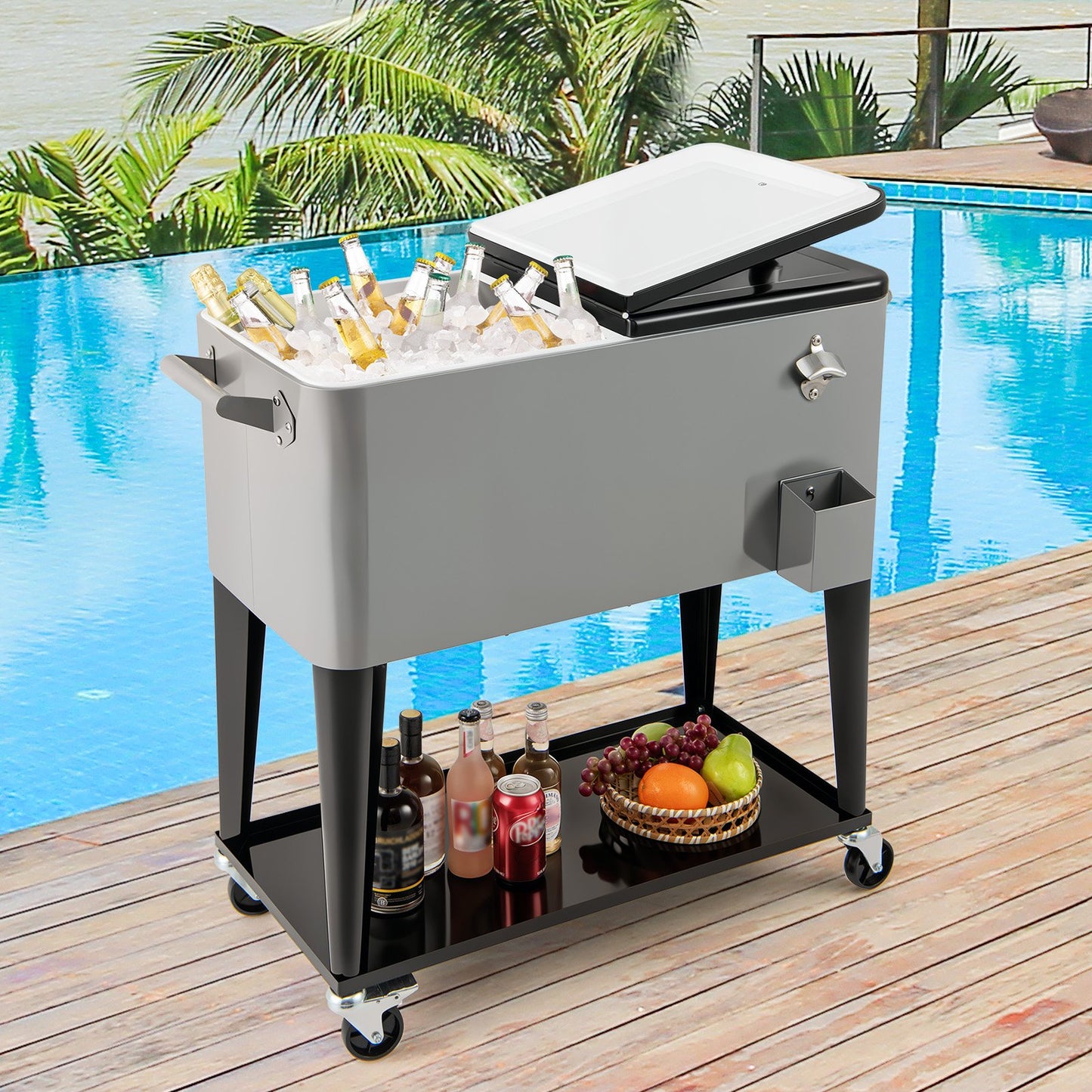 Portable Patio Cooler with Bottom Storage Shelf and Bottle Opener-Gray