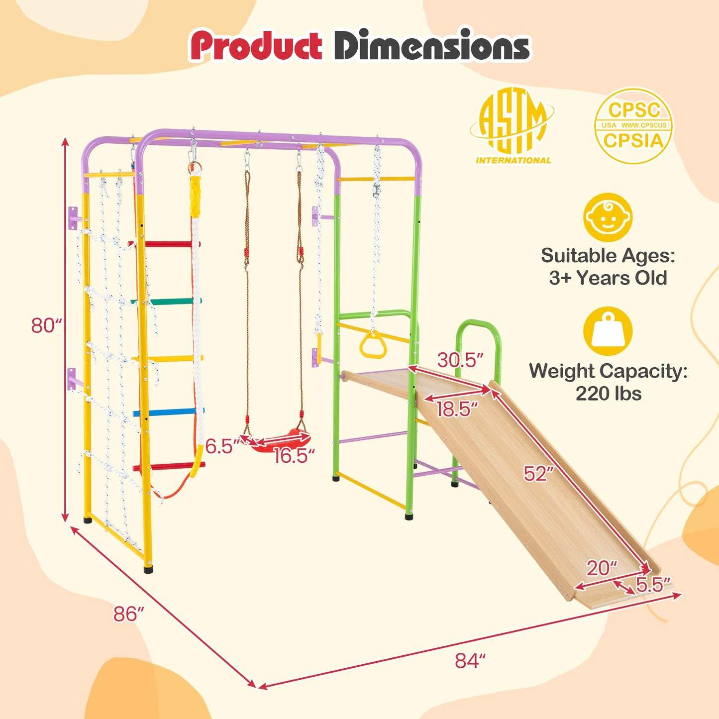 Metal Indoor Jungle Gym 8-in-1 Climbing Playset with Monkey Bars-Multicolor