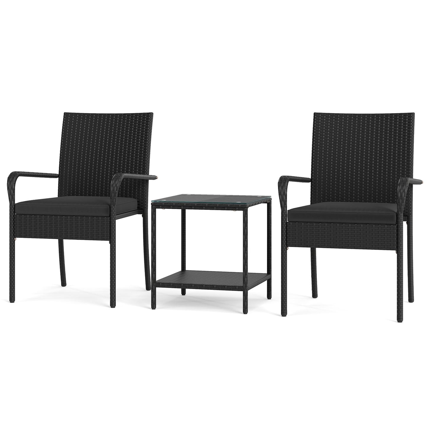 3 Piece Patio Furniture Set with Seat Cushions and Tempered Glass Tabletop-Beige