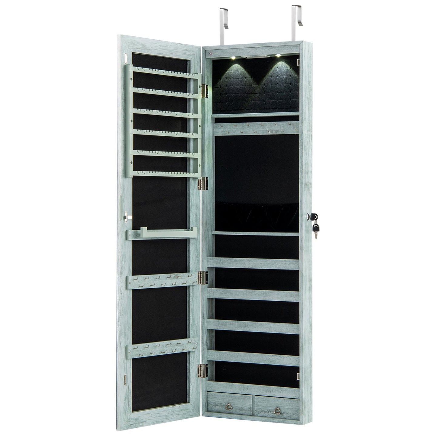 Wall And Door Mounted Mirrored Jewelry Cabinet With Lights-Black