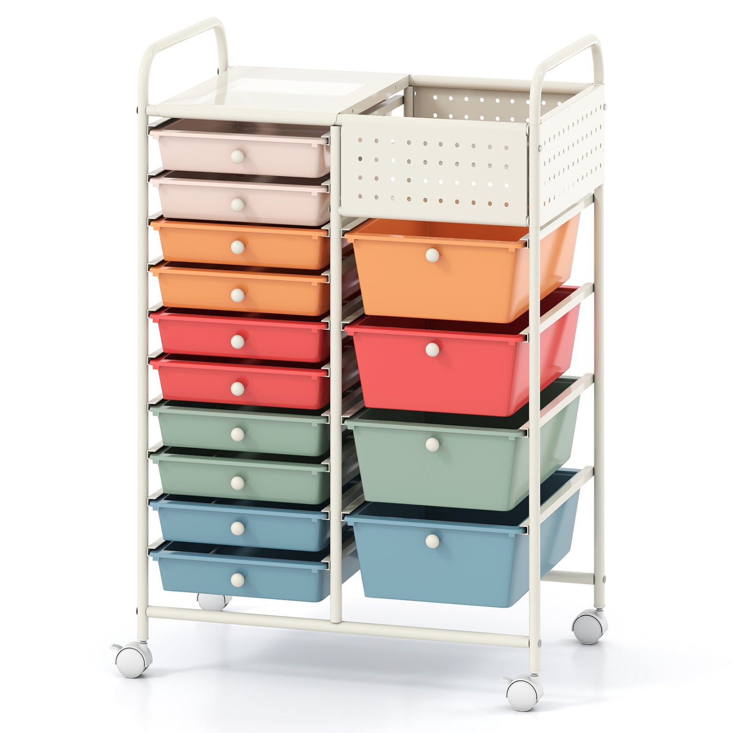 Gradient green 14-drawer rolling storage cart with metal tabletop and pegboard, ideal for home office organization.