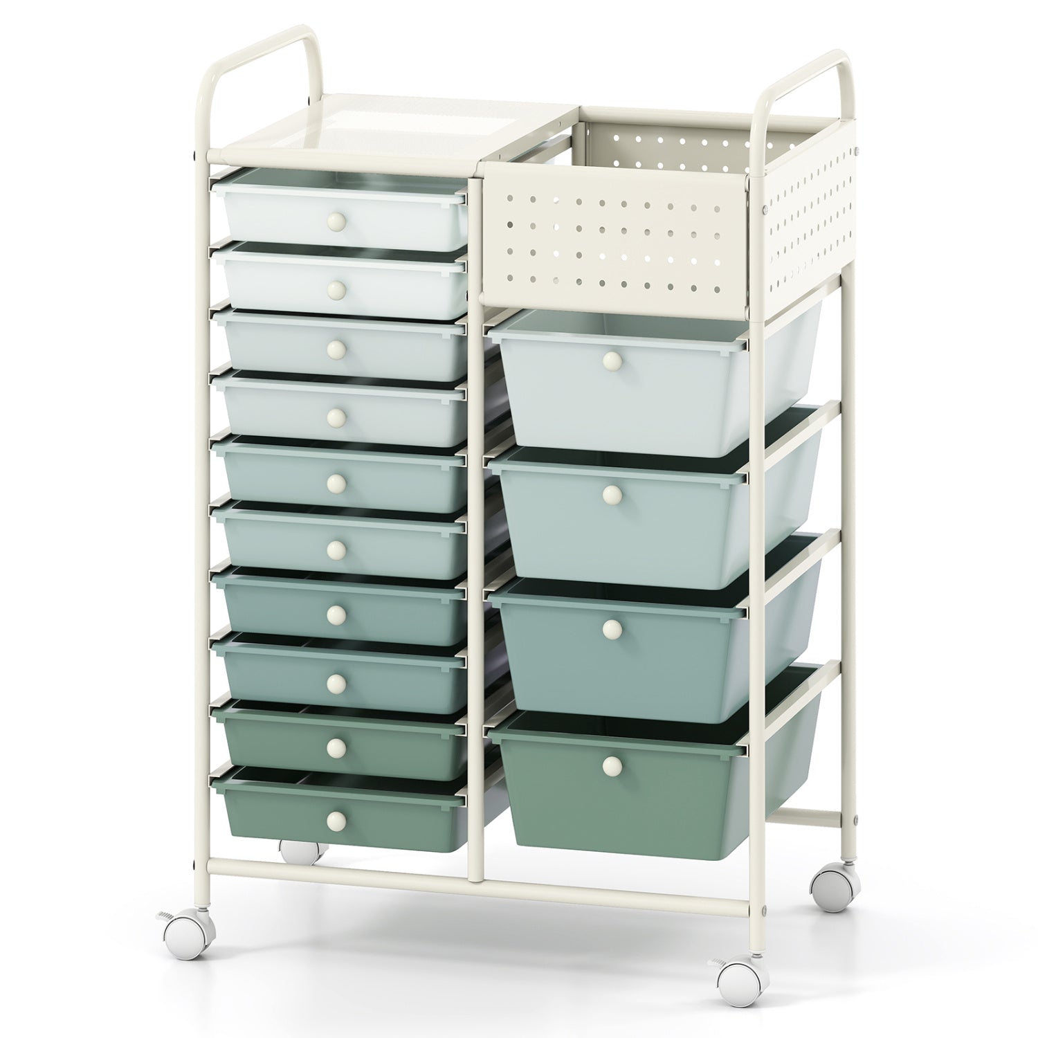Gradient green 14-drawer rolling storage cart with metal tabletop and pegboard, ideal for home office organization.