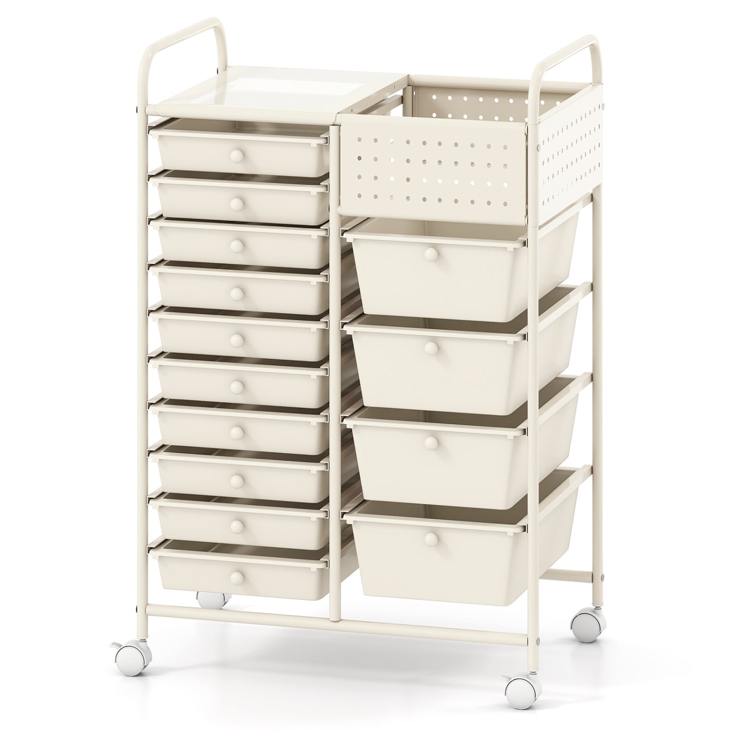 Gradient green 14-drawer rolling storage cart with metal tabletop and pegboard, ideal for home office organization.