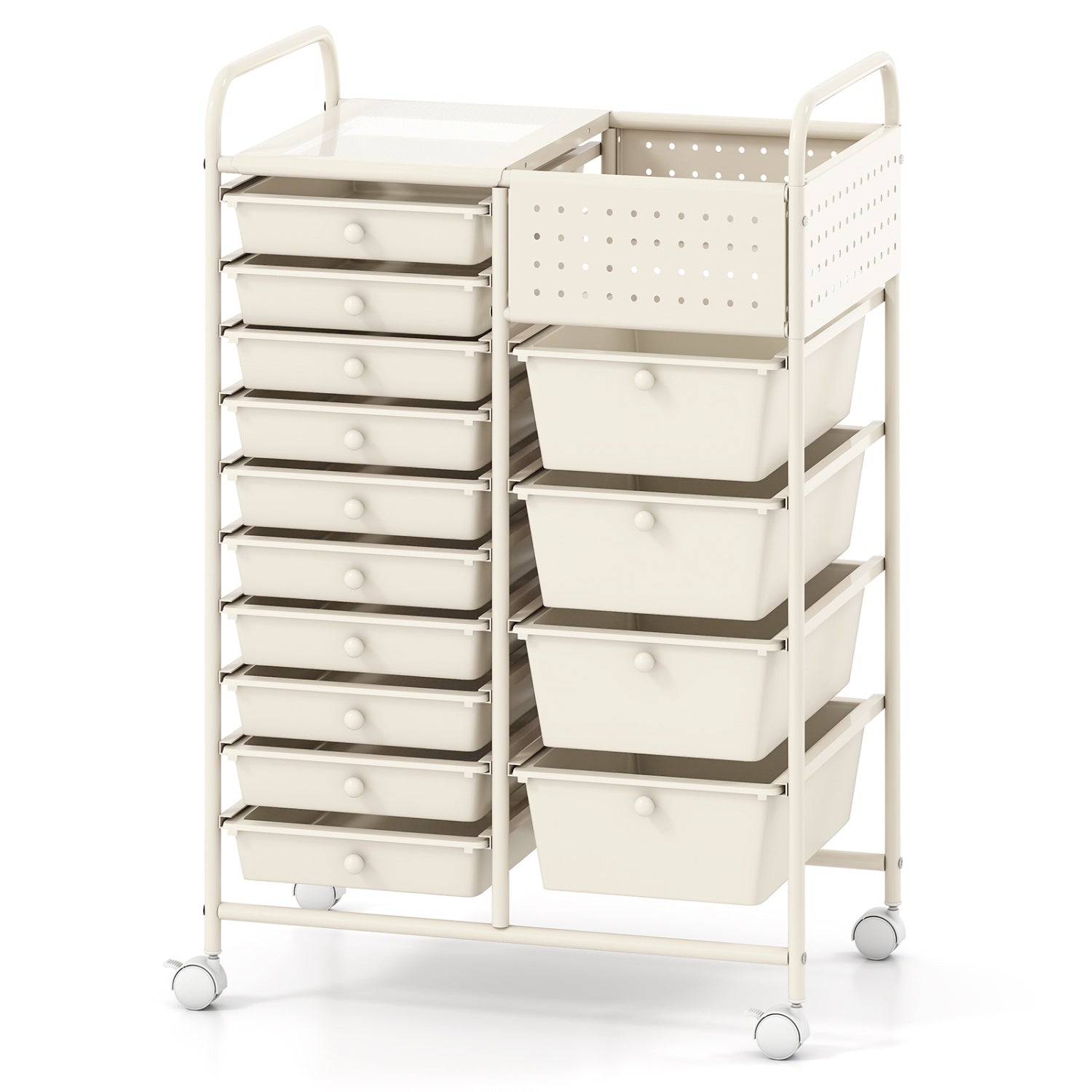 Gradient green 14-drawer rolling storage cart with metal tabletop and pegboard, ideal for home office organization.