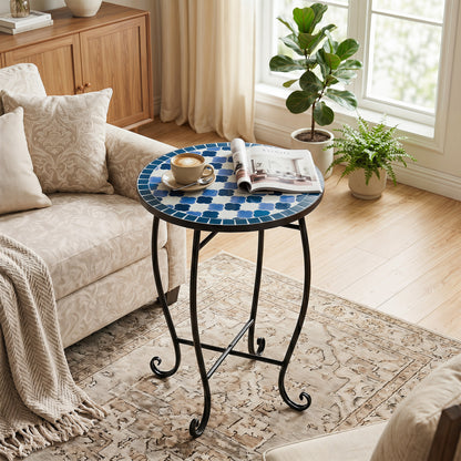 Blue 14-inch mosaic outdoor patio coffee table featuring floral clover, blooming lotus, and sunflower designs by Wilsons Home Store