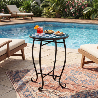 14-inch floral clover and sunflower mosaic patio coffee table in blue, outdoor metal table with colorful floral design.