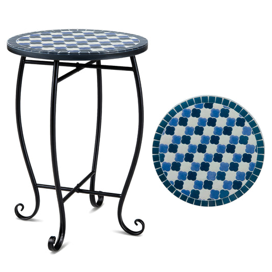14-inch floral mosaic patio coffee table with blooming lotus and sunflower design in blue, outdoor accent furniture by Wilsons Home Store