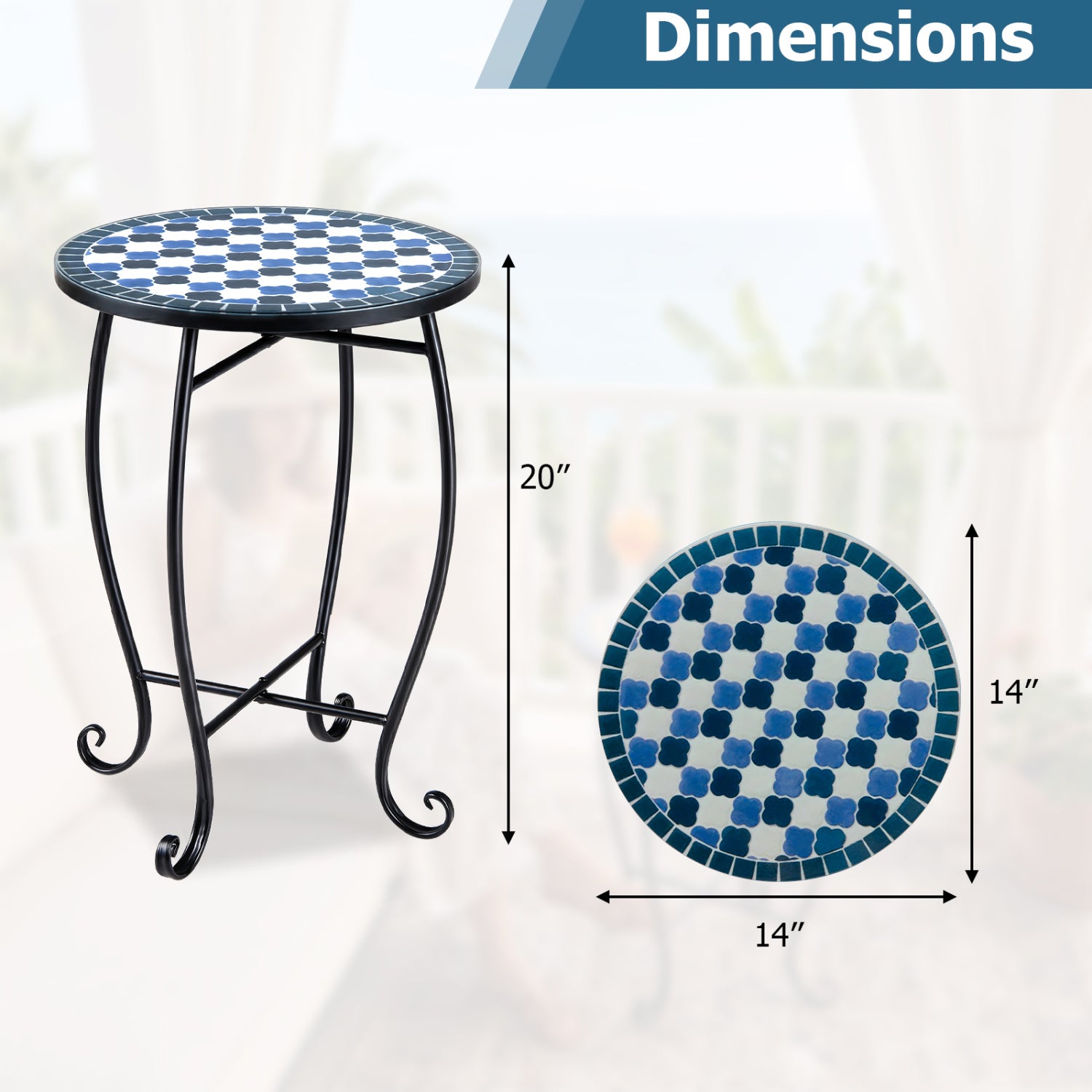 Blue 14-inch floral and sunflower mosaic patio coffee table with clover and lotus designs, outdoor patio furniture by Wilsons Home Store.
