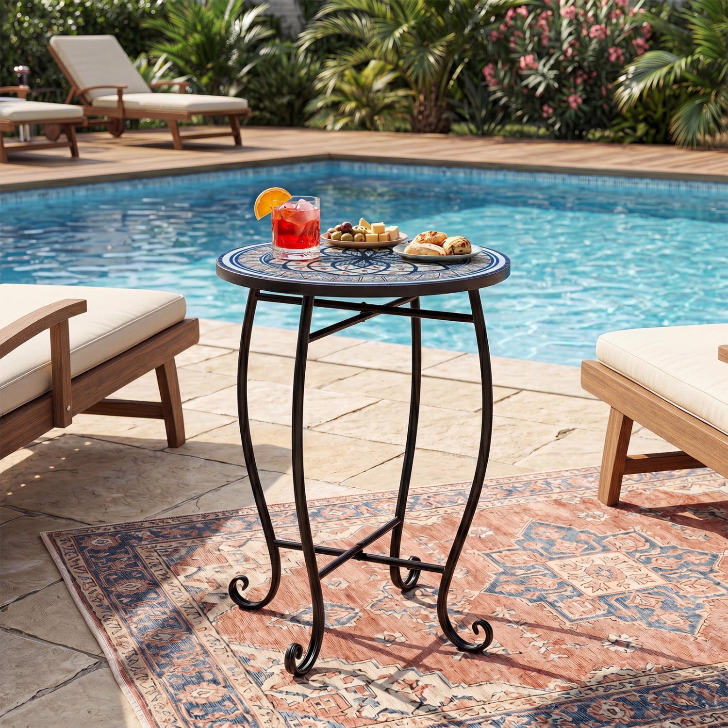 Blue 14-inch floral clover and sunflower mosaic patio coffee table with blooming lotus design, perfect for outdoor patio spaces.