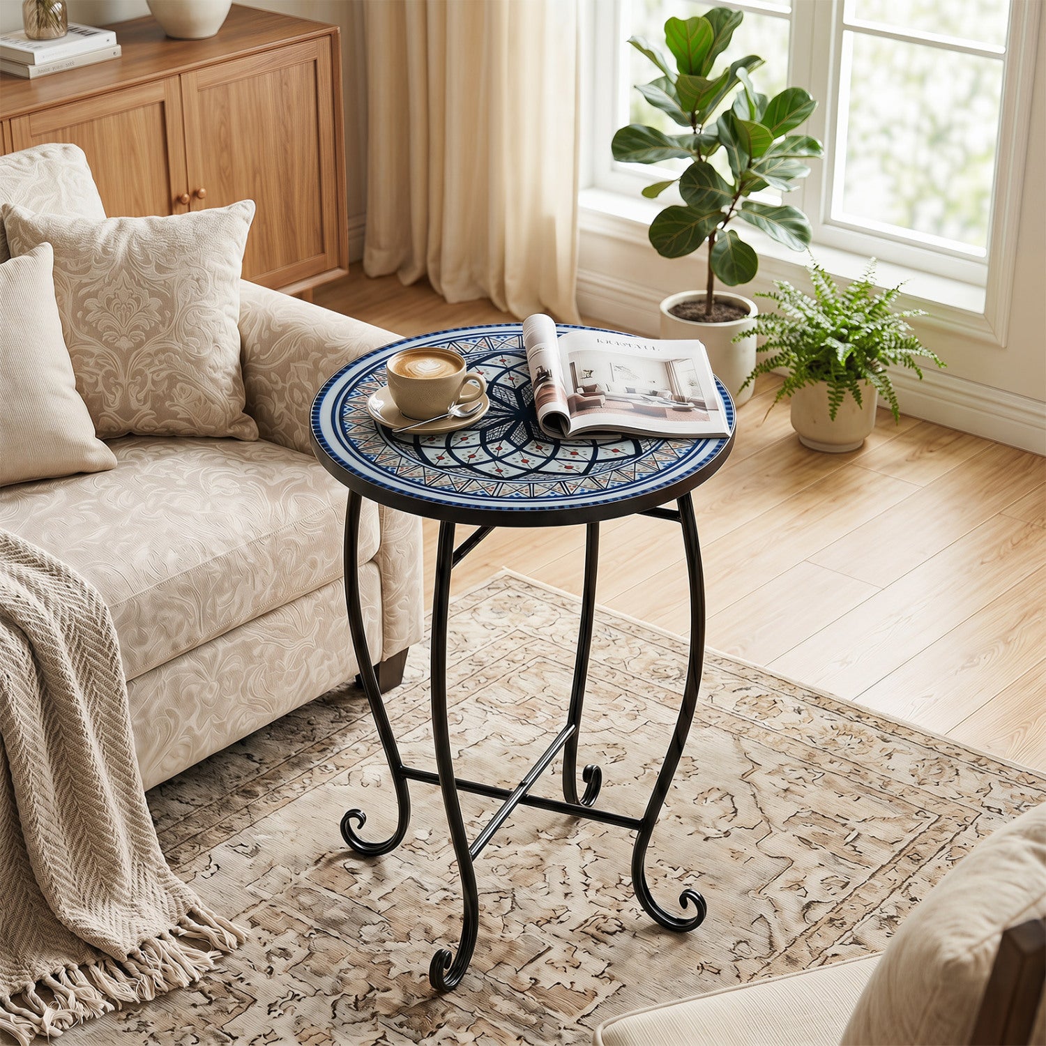 14-inch floral clover and blooming lotus mosaic patio coffee table in blue, outdoor patio furniture by Wilsons Home Store