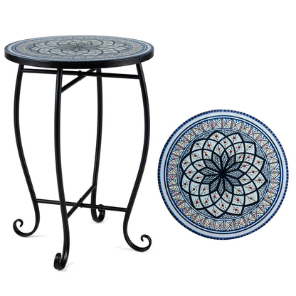 Blue 14-inch floral mosaic patio coffee table with blooming lotus and sunflower designs, perfect for outdoor patio decor.