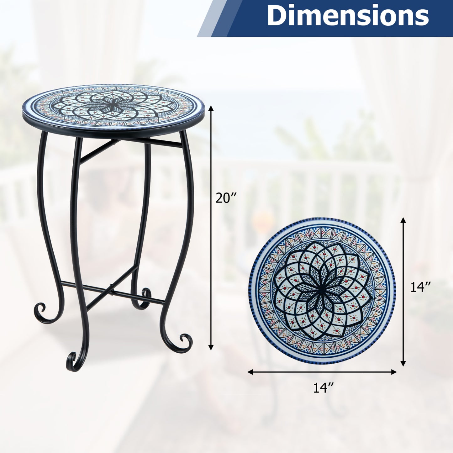 14-inch floral clover and sunflower mosaic patio accent coffee table in blue, outdoor patio furniture by Wilsons Home Store