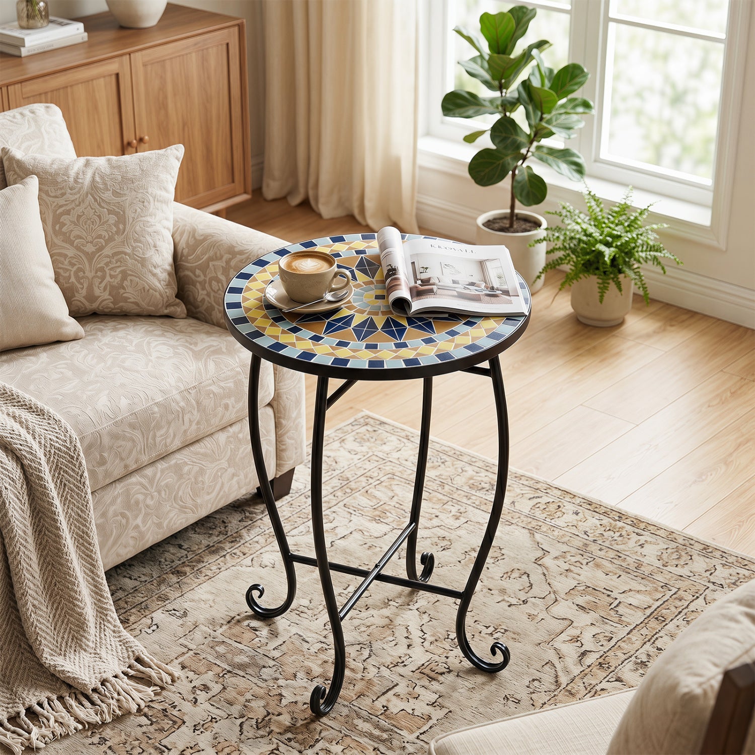 Blue 14-inch floral clover and sunflower mosaic outdoor patio coffee table with blooming lotus design by Wilsons Home Store