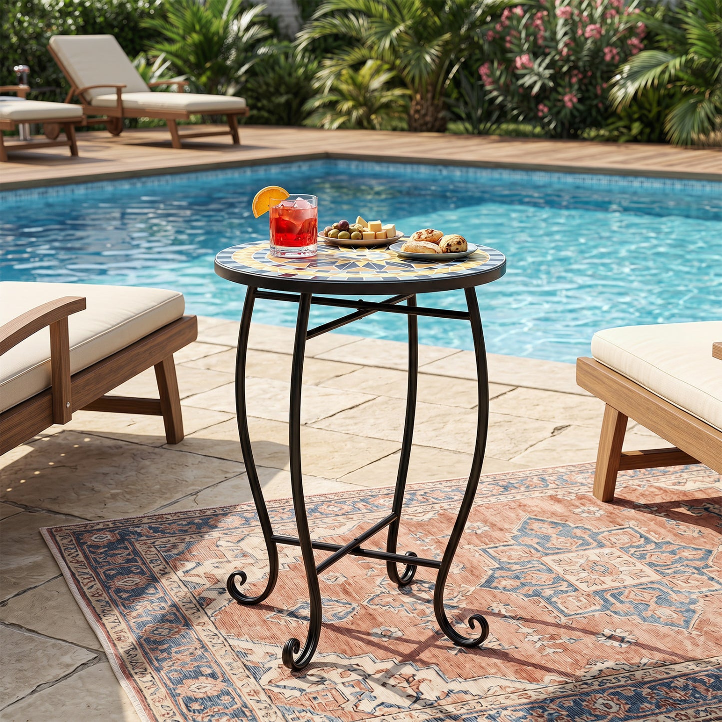 14-inch floral clover and sunflower mosaic patio coffee table in blue, outdoor accent table with vibrant blooming lotus design