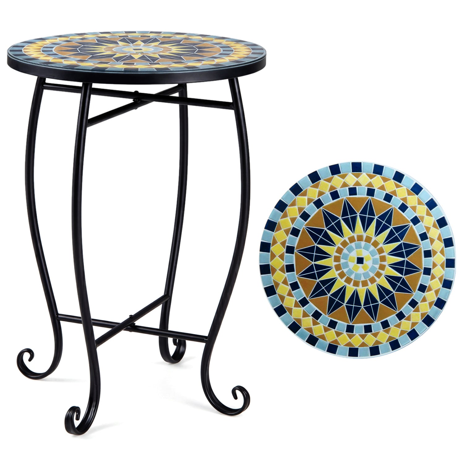 Blue 14-inch floral clover, blooming lotus, and sunflower mosaic patio coffee table for outdoor patio spaces.