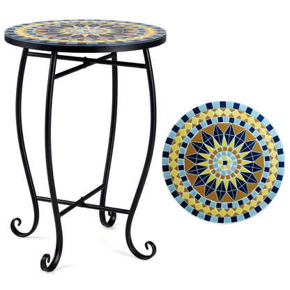 Blue 14-inch floral clover, blooming lotus, and sunflower mosaic patio coffee table for outdoor patio spaces.