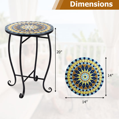 14-inch floral mosaic patio coffee table with blooming lotus, sunflower, and clover designs in blue for outdoor decor.
