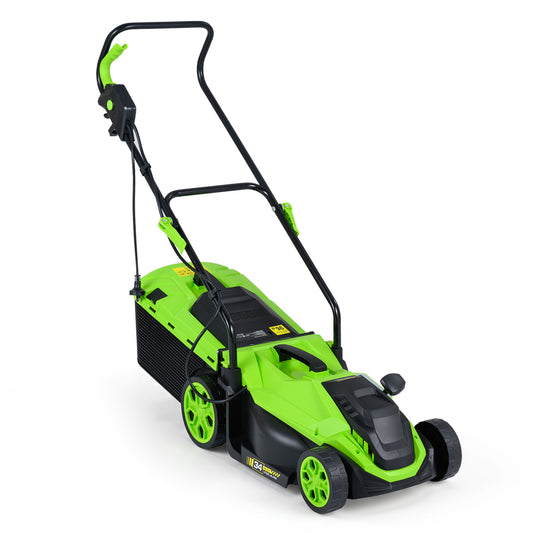 Green 14-inch 12-amp corded electric lawn mower with 5-position height adjustment, ideal for garden and lawn care.