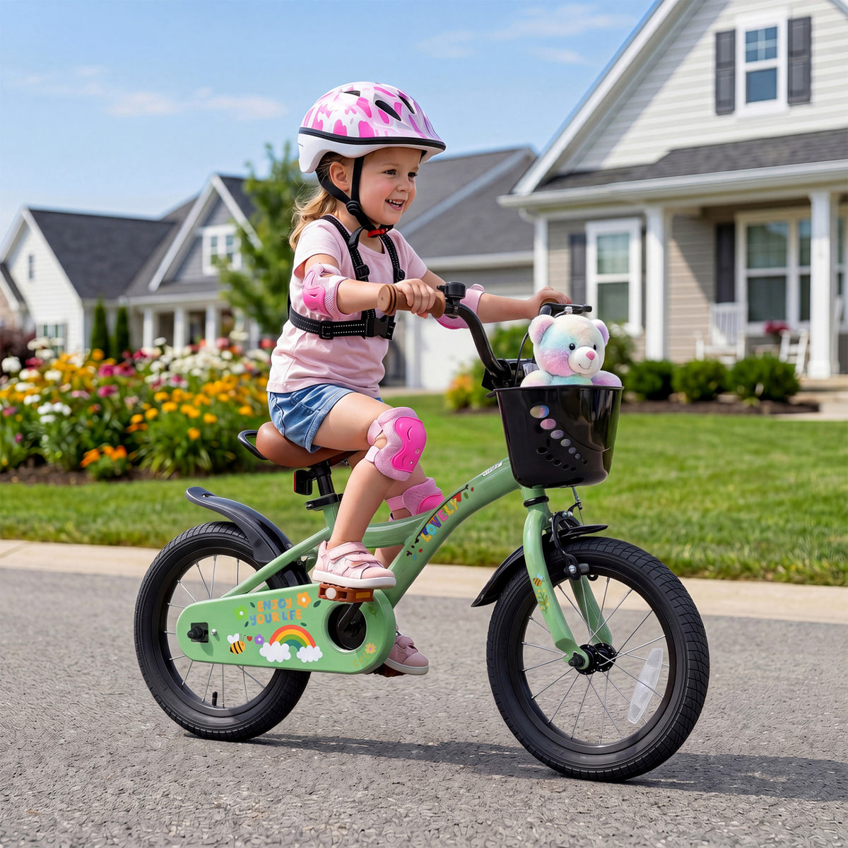 Green 14-inch girls bike with basket, ideal for ages 3-5, from Wilsons Home Store, perfect for outdoor play and riding fun.