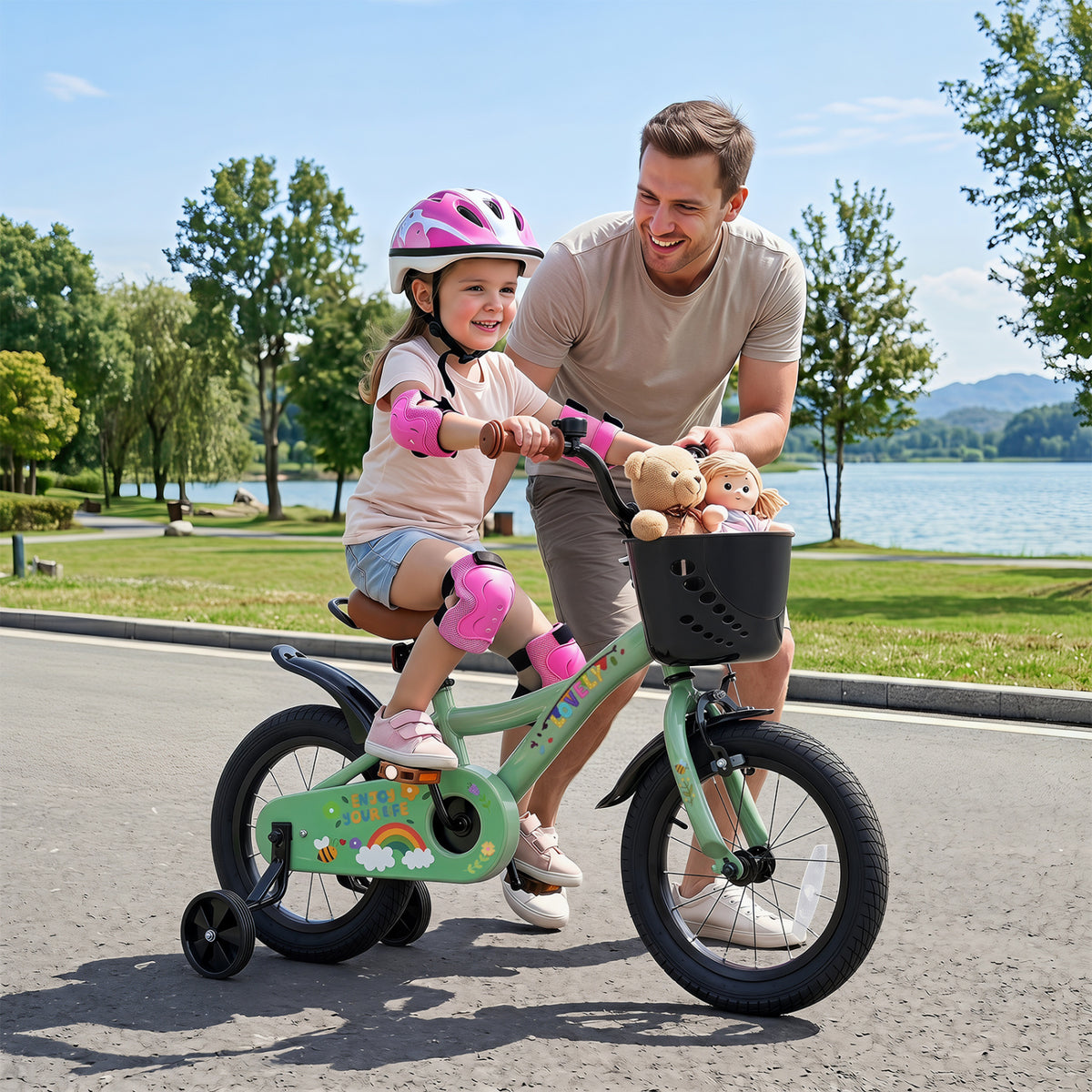 Green 14-inch girls bike with basket for 3-5 years old, featuring a durable frame and colorful design for kids' outdoor riding.