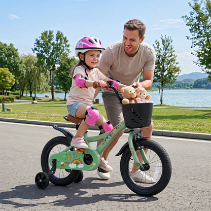 Green 14-inch girls bike with basket for 3-5 years old, featuring a durable frame and colorful design for kids' outdoor riding.
