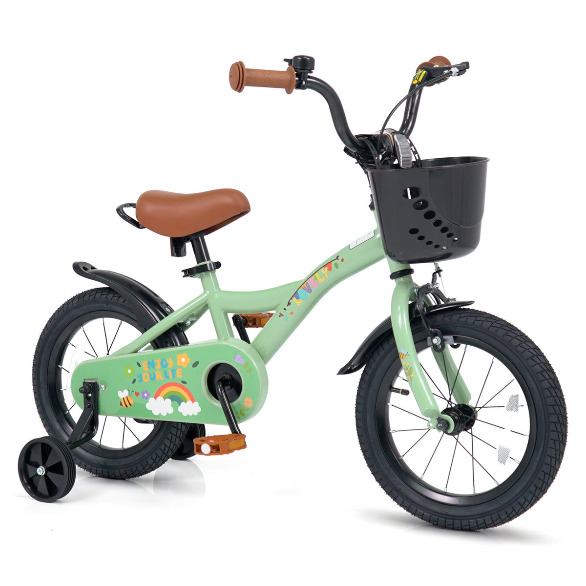 Green 14-inch girls' bike with basket for ages 3-5, featuring a durable frame and colorful design for outdoor riding fun.