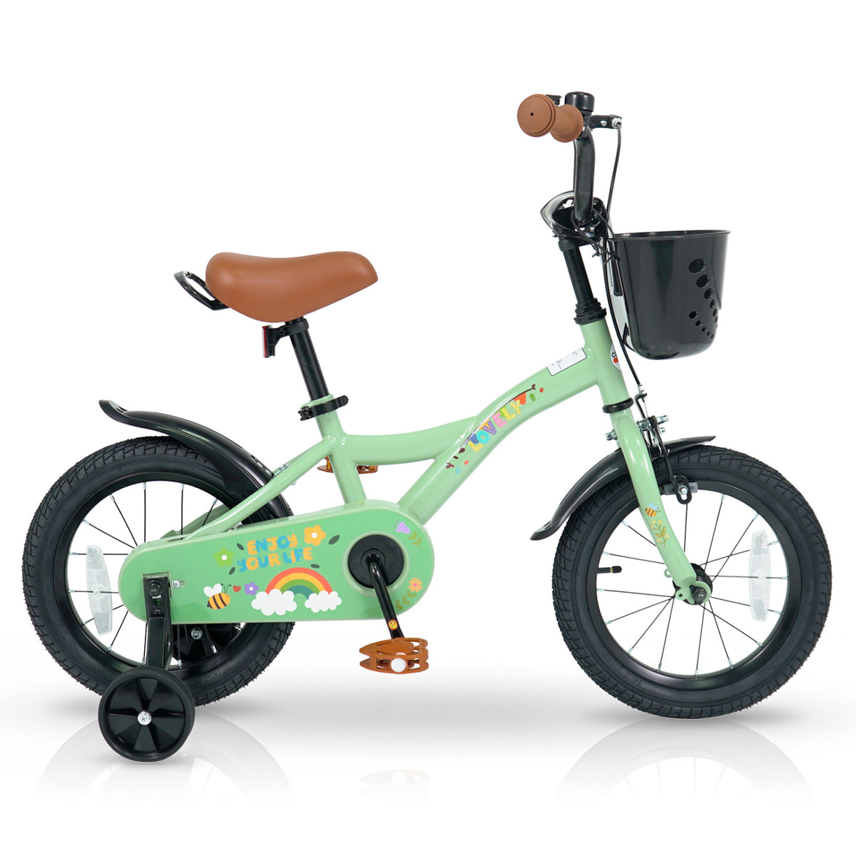 Green 14-inch girls bike for ages 3-5 with basket, ideal for spring parties, from Wilsons Home Store's ride-on toy collection.