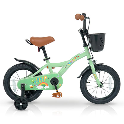 Green 14-inch girls bike for ages 3-5 with basket, ideal for spring parties, from Wilsons Home Store's ride-on toy collection.