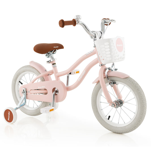 Pink 14-inch kid's bike with removable training wheels and front basket, ideal for young children learning to ride.