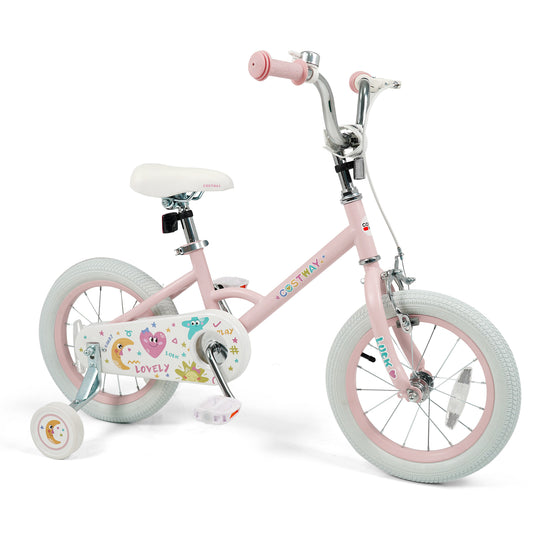 Pink 14-inch kids bike with stars and moon design, adjustable for children aged 3-8, ideal for ride-on toy fun.