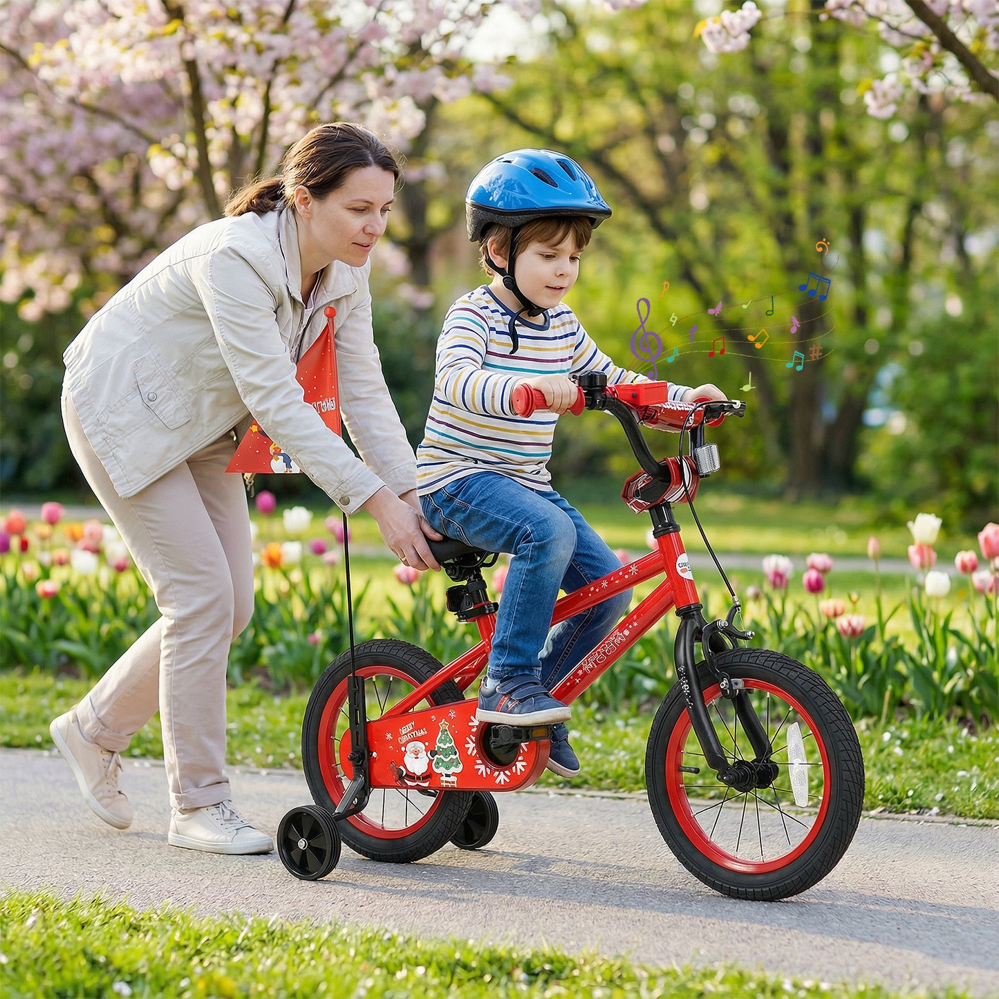 14 Inch Kids Bike Adjustable with Christmas Music & Flag for Aged 4-5 Years Old