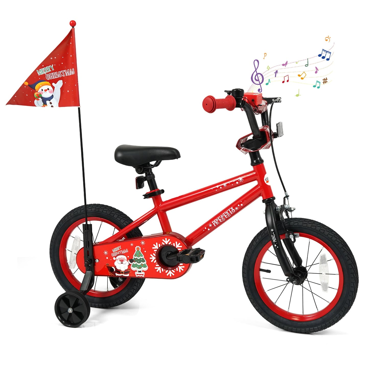14 Inch Kids Bike Adjustable with Christmas Music & Flag for Aged 4-5 Years Old