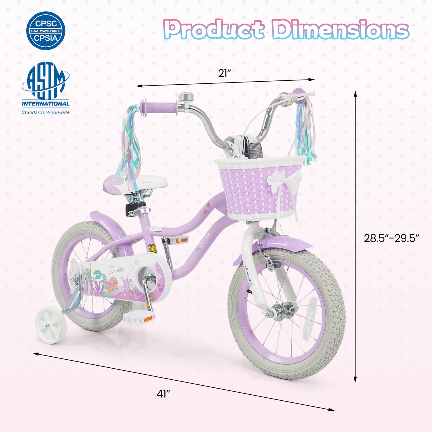 14 Inch Kids Bike Adjustable with Basket and Streamers Purple - Princess of the Sea Theme