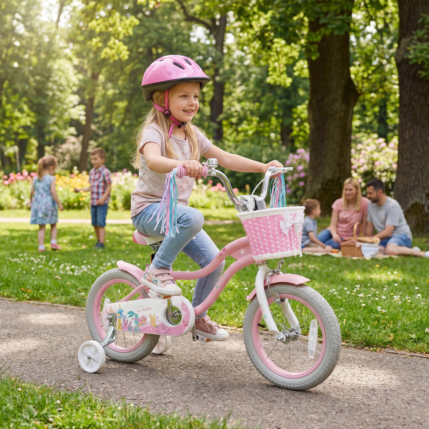 14 Inch Kids Bike Adjustable with Basket and Streamers for Girls Aged 3-5 Years Old Pink