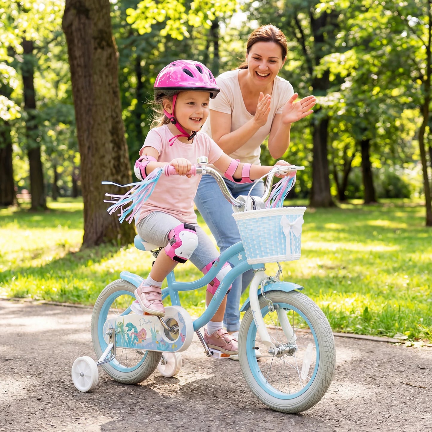 14 Inch Kids Bike Adjustable with Basket and Streamers Blue for Kids Aged 3-5 Years Old - Princess of the Sea Theme