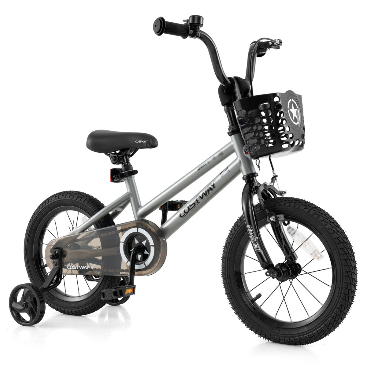 14-inch kids bike by Wilsons Home Store with adjustable seat and transparent chain cover, suitable for 4-5 year olds.