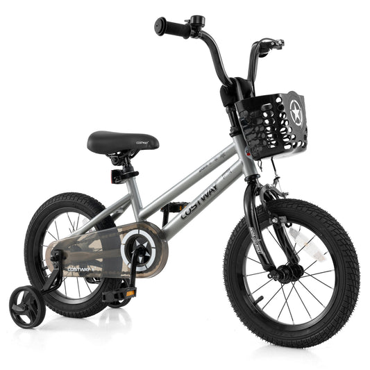 14-inch kids bike by Wilsons Home Store with adjustable seat and transparent chain cover, suitable for 4-5 year olds.