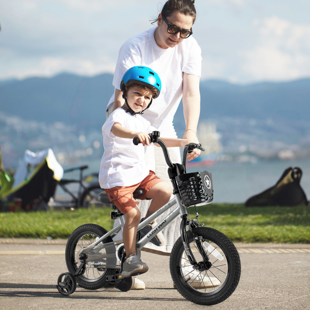 14-inch kids bike with adjustable seat and transparent chain cover, suitable for 4-5 year olds, by Wilsons Home Store.