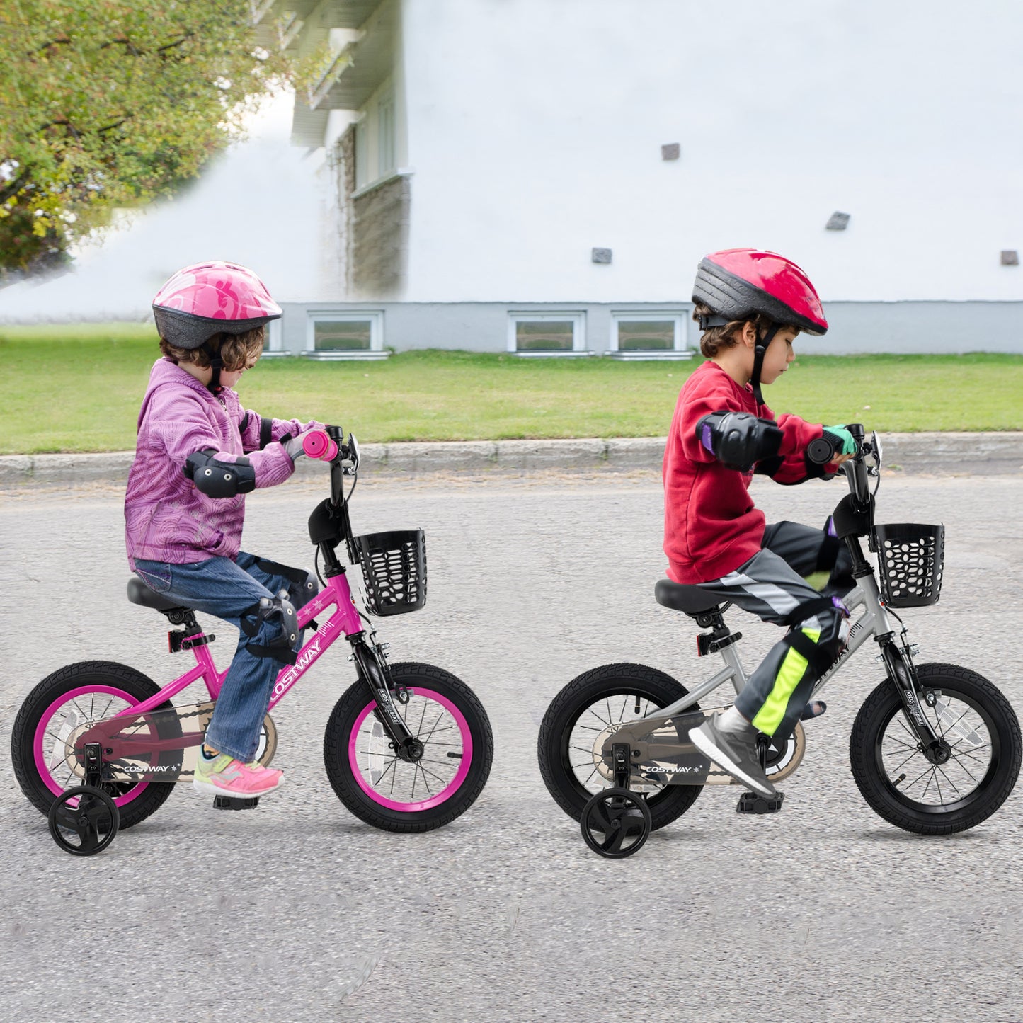14-inch kids bike by Wilsons Home Store with adjustable frame and transparent chain cover, suitable for 4-5 year olds.