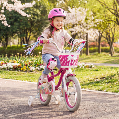 14-Inch Kids Bike Adjustable with Basket and Streamers Rose Red - Princess of the Sea Theme