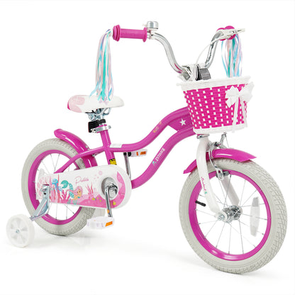 14-Inch Kids Bike Adjustable with Basket and Streamers Rose Red - Princess of the Sea Theme