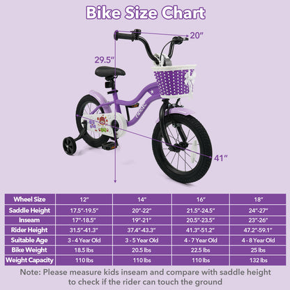 14 Inch Kids Bike with Training Wheels for Aged 3-5 Years Old - Magic Purple