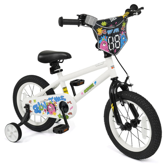 14 Inch Kids Bike with Training Wheels for Ages 3-5 Years Old White- Street Art Time