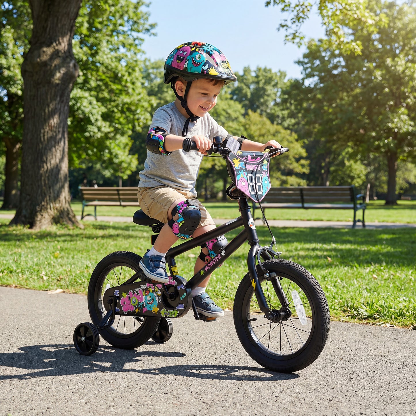 14 Inch Kids Bike with Training Wheels for Ages 3-5 Years Old Black- Street Art Time