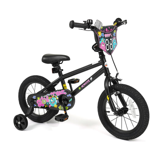 Black 14-inch kids bike with training wheels for ages 3-5, featuring street art design, suitable for young children.