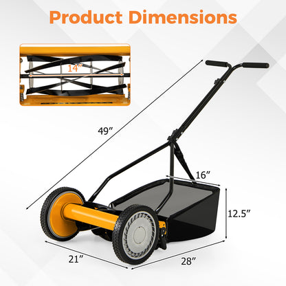Orange 14-inch push lawn mower with five steel blades and grass catcher bag, ideal for garden and lawn care.