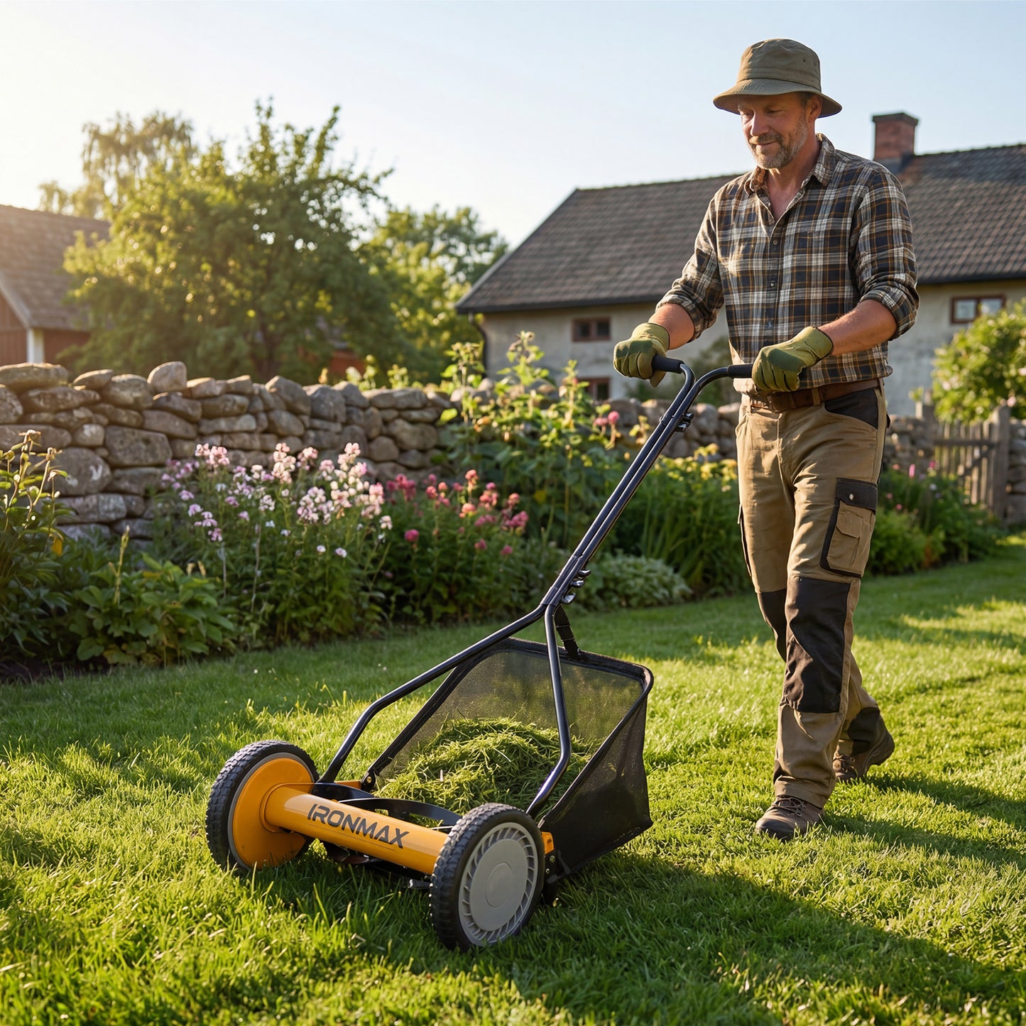 Orange 14-inch push lawn mower with 5 steel blades and grass catcher bag, ideal for garden lawn care from Wilsons Home Store.