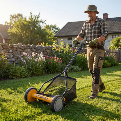 Orange 14-inch push lawn mower with 5 steel blades and grass catcher bag, ideal for garden lawn care from Wilsons Home Store.